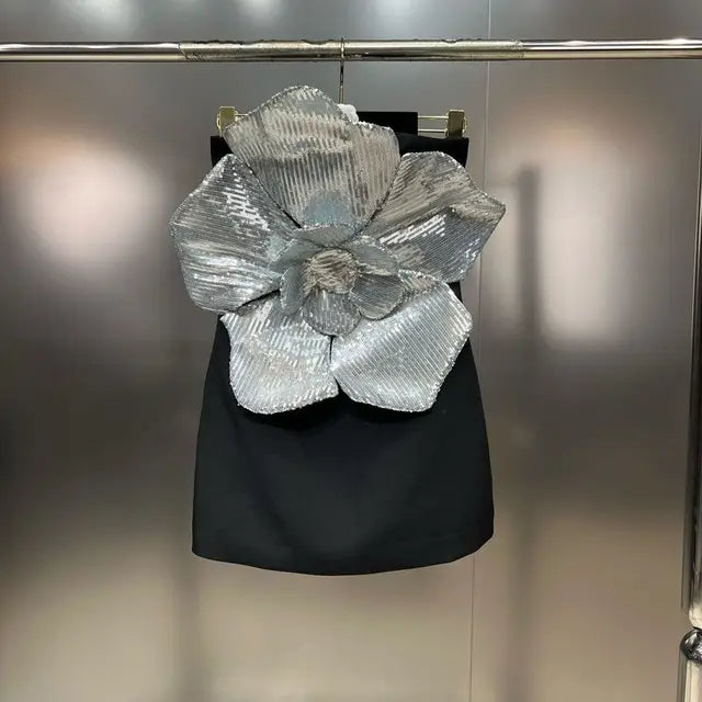 3D sequin large flower decoration waist cinching small woman strapless dress