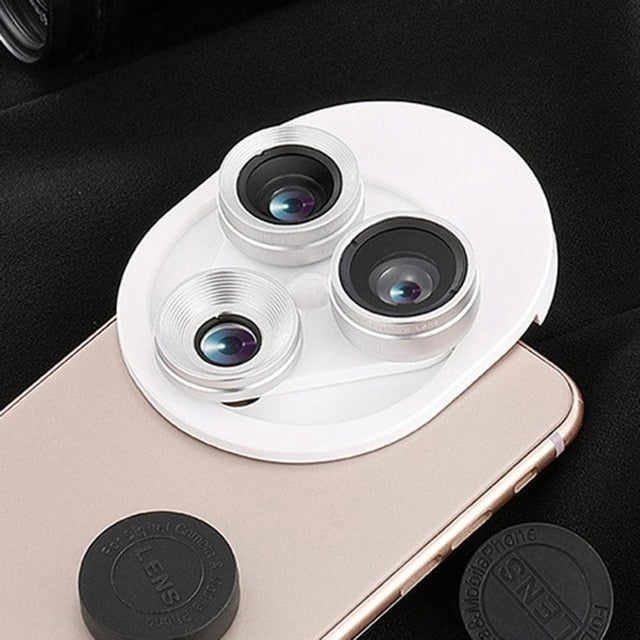 3 In 1 Mobile Phone Lens Set Professional Integral Turntable External Use Wide Angle + Fish Eye + Macro Camera Lens Set