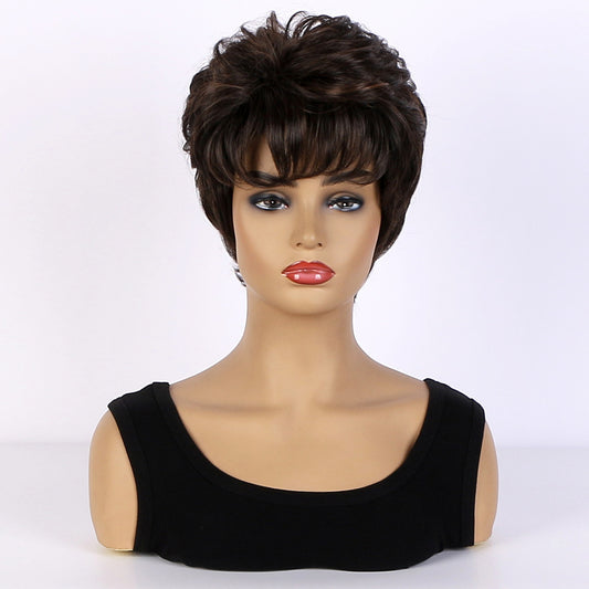 Women's Fashion Side Bangs Fluffy Pick Color Short Curly Wig Head Cover